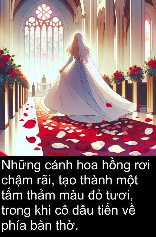 dâu: Những cánh hoa hồng rơi chậm rãi, tạo thành một tấm thảm màu đỏ tươi, trong khi cô dâu tiến về phía bàn thờ.