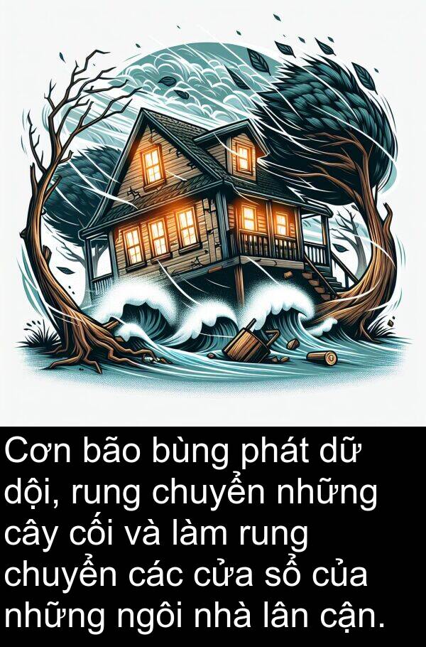 rung: Cơn bão bùng phát dữ dội, rung chuyển những cây cối và làm rung chuyển các cửa sổ của những ngôi nhà lân cận.