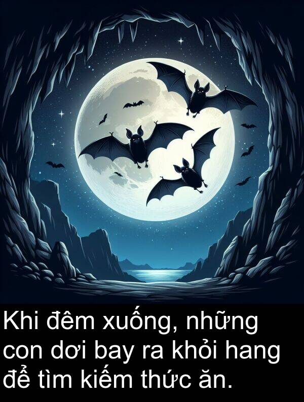 đêm: Khi đêm xuống, những con dơi bay ra khỏi hang để tìm kiếm thức ăn.