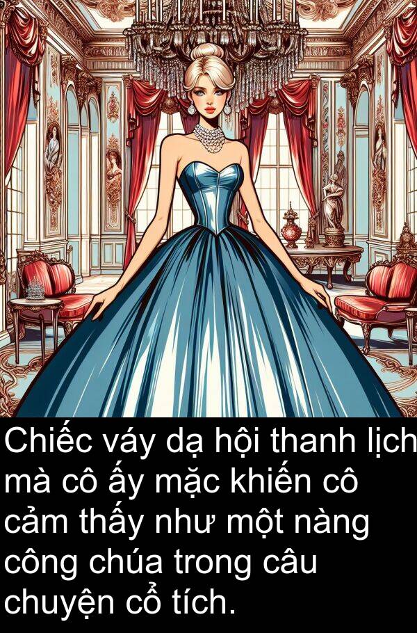 nàng: Chiếc váy dạ hội thanh lịch mà cô ấy mặc khiến cô cảm thấy như một nàng công chúa trong câu chuyện cổ tích.