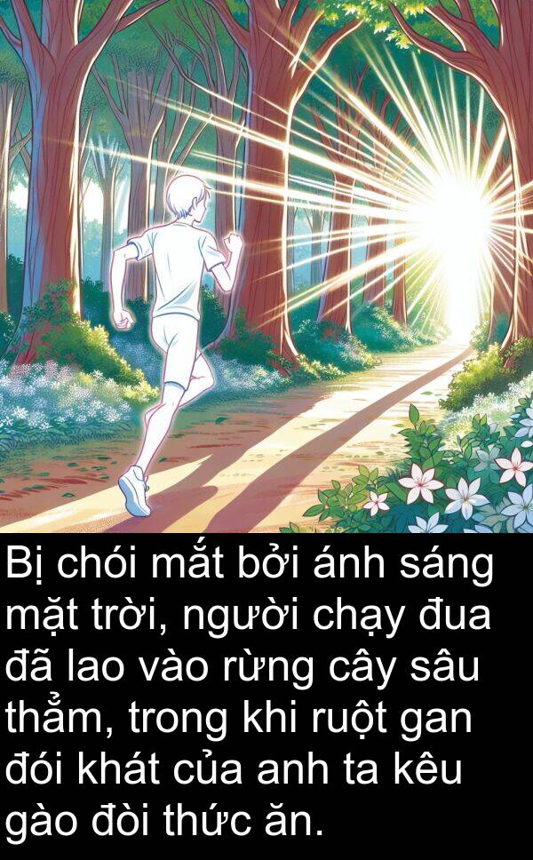 đua: Bị chói mắt bởi ánh sáng mặt trời, người chạy đua đã lao vào rừng cây sâu thẳm, trong khi ruột gan đói khát của anh ta kêu gào đòi thức ăn.
