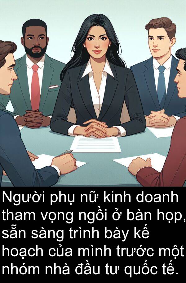 bày: Người phụ nữ kinh doanh tham vọng ngồi ở bàn họp, sẵn sàng trình bày kế hoạch của mình trước một nhóm nhà đầu tư quốc tế.