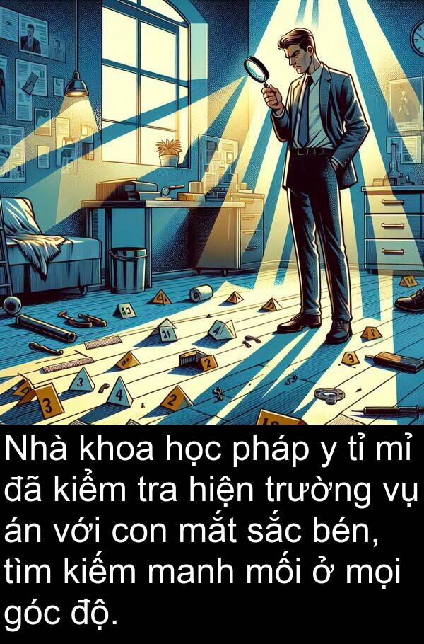 độ: Nhà khoa học pháp y tỉ mỉ đã kiểm tra hiện trường vụ án với con mắt sắc bén, tìm kiếm manh mối ở mọi góc độ.