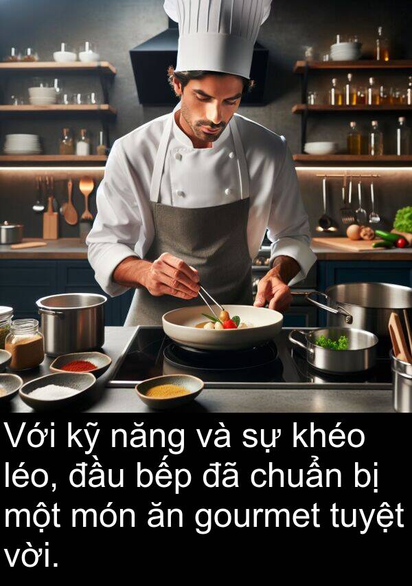 léo: Với kỹ năng và sự khéo léo, đầu bếp đã chuẩn bị một món ăn gourmet tuyệt vời.
