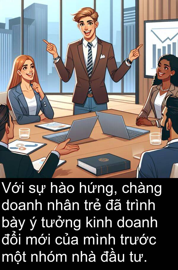 bày: Với sự hào hứng, chàng doanh nhân trẻ đã trình bày ý tưởng kinh doanh đổi mới của mình trước một nhóm nhà đầu tư.