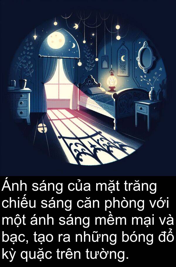 mềm: Ánh sáng của mặt trăng chiếu sáng căn phòng với một ánh sáng mềm mại và bạc, tạo ra những bóng đổ kỳ quặc trên tường.