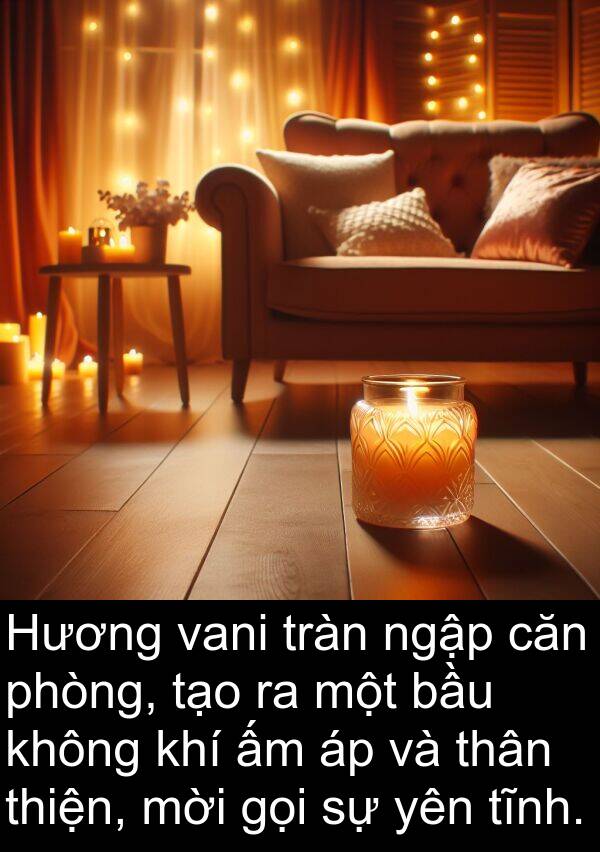 vani: Hương vani tràn ngập căn phòng, tạo ra một bầu không khí ấm áp và thân thiện, mời gọi sự yên tĩnh.