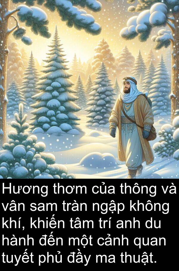 vân: Hương thơm của thông và vân sam tràn ngập không khí, khiến tâm trí anh du hành đến một cảnh quan tuyết phủ đầy ma thuật.