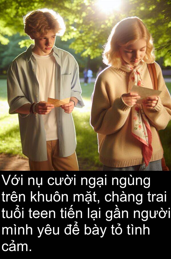 bày: Với nụ cười ngại ngùng trên khuôn mặt, chàng trai tuổi teen tiến lại gần người mình yêu để bày tỏ tình cảm.