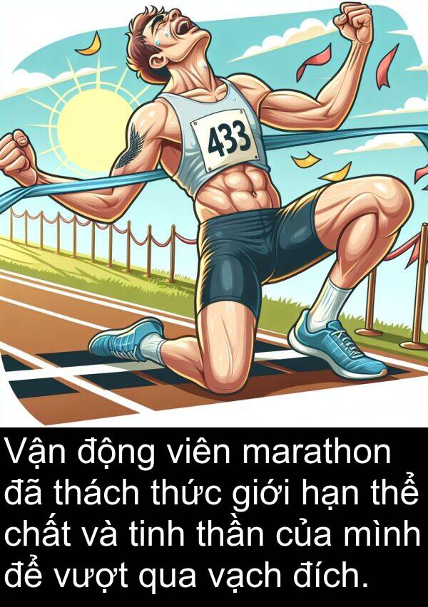 đích: Vận động viên marathon đã thách thức giới hạn thể chất và tinh thần của mình để vượt qua vạch đích.