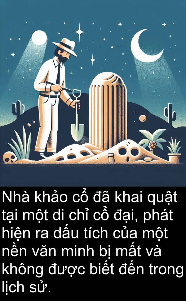 nền: Nhà khảo cổ đã khai quật tại một di chỉ cổ đại, phát hiện ra dấu tích của một nền văn minh bị mất và không được biết đến trong lịch sử.