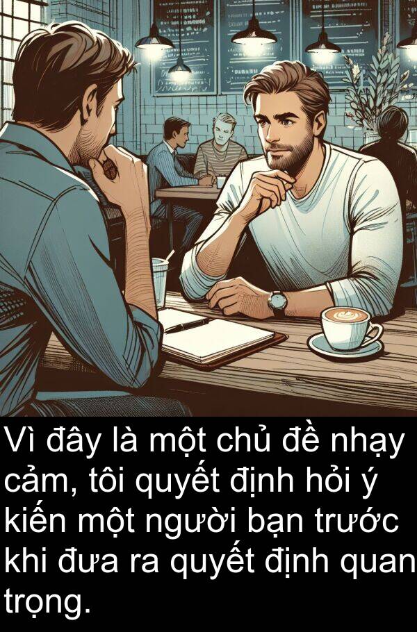 đây: Vì đây là một chủ đề nhạy cảm, tôi quyết định hỏi ý kiến một người bạn trước khi đưa ra quyết định quan trọng.
