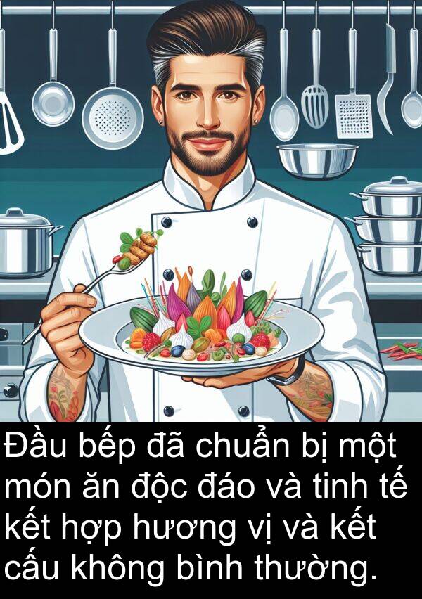 độc: Đầu bếp đã chuẩn bị một món ăn độc đáo và tinh tế kết hợp hương vị và kết cấu không bình thường.