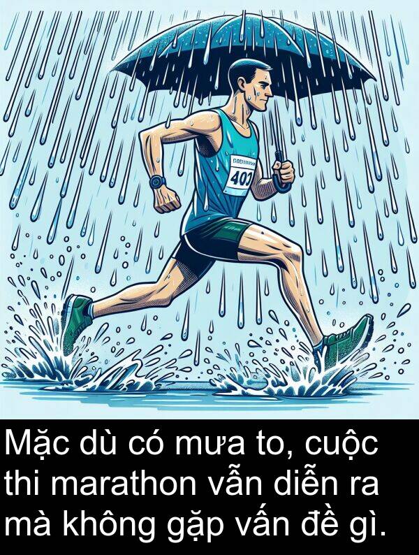 gặp: Mặc dù có mưa to, cuộc thi marathon vẫn diễn ra mà không gặp vấn đề gì.