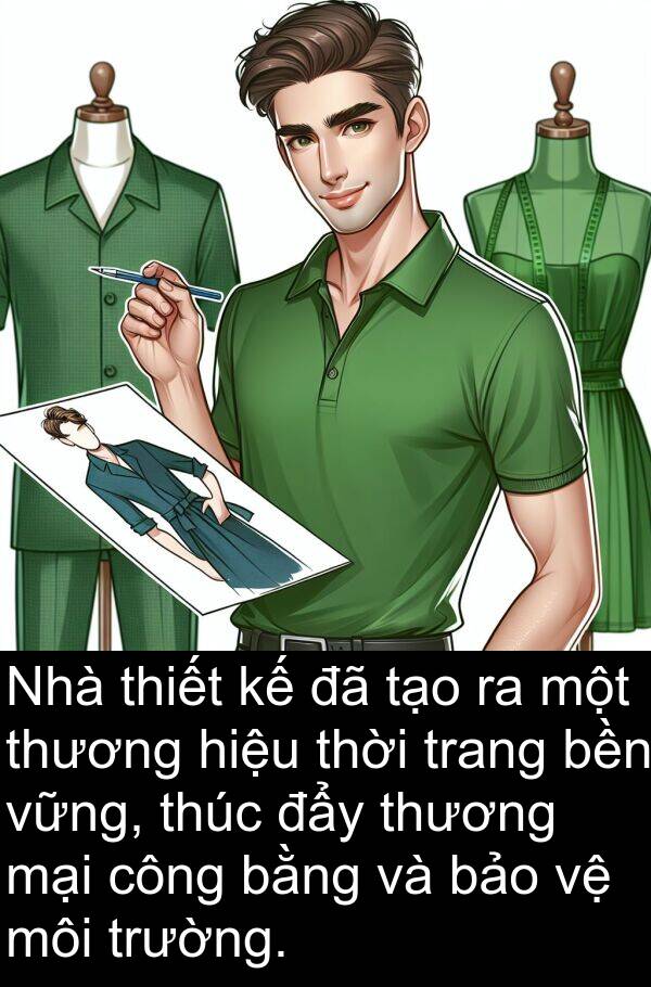đẩy: Nhà thiết kế đã tạo ra một thương hiệu thời trang bền vững, thúc đẩy thương mại công bằng và bảo vệ môi trường.