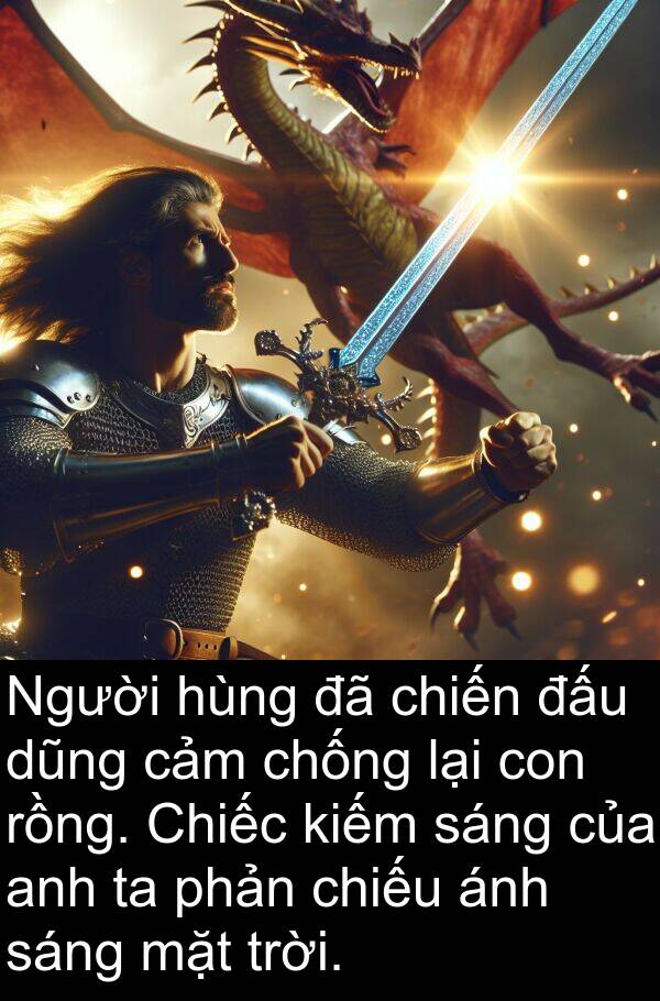 đấu: Người hùng đã chiến đấu dũng cảm chống lại con rồng. Chiếc kiếm sáng của anh ta phản chiếu ánh sáng mặt trời.