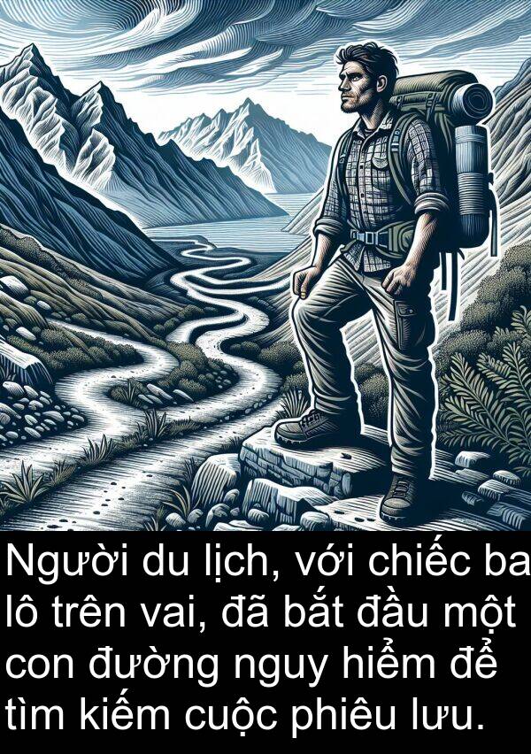 vai: Người du lịch, với chiếc ba lô trên vai, đã bắt đầu một con đường nguy hiểm để tìm kiếm cuộc phiêu lưu.