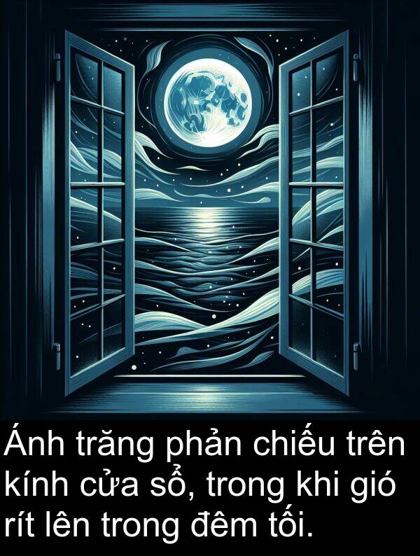 sổ: Ánh trăng phản chiếu trên kính cửa sổ, trong khi gió rít lên trong đêm tối.