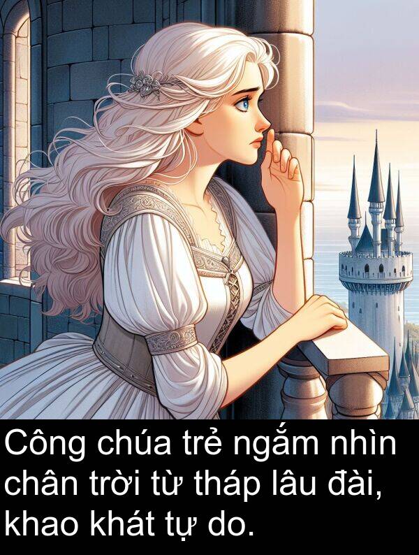 đài: Công chúa trẻ ngắm nhìn chân trời từ tháp lâu đài, khao khát tự do.