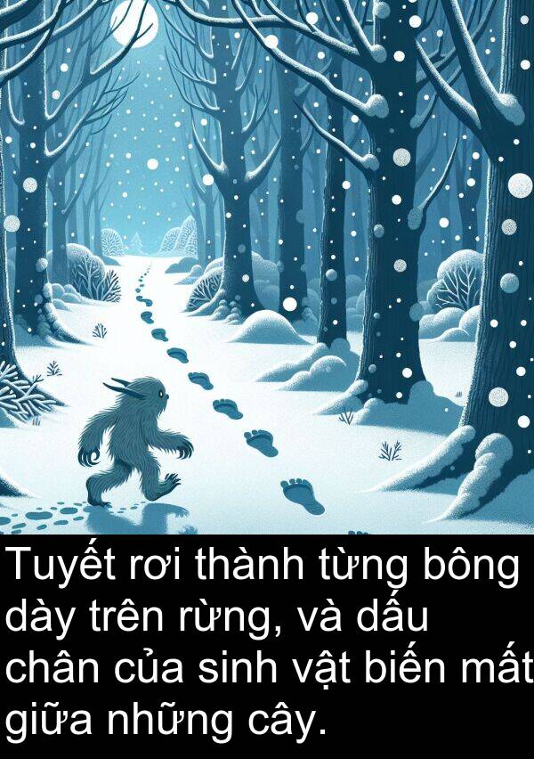 bông: Tuyết rơi thành từng bông dày trên rừng, và dấu chân của sinh vật biến mất giữa những cây.