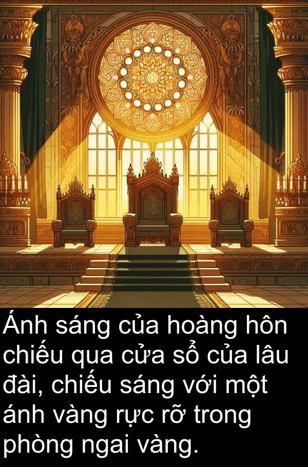 đài: Ánh sáng của hoàng hôn chiếu qua cửa sổ của lâu đài, chiếu sáng với một ánh vàng rực rỡ trong phòng ngai vàng.