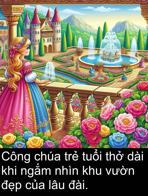 đài: Công chúa trẻ tuổi thở dài khi ngắm nhìn khu vườn đẹp của lâu đài.