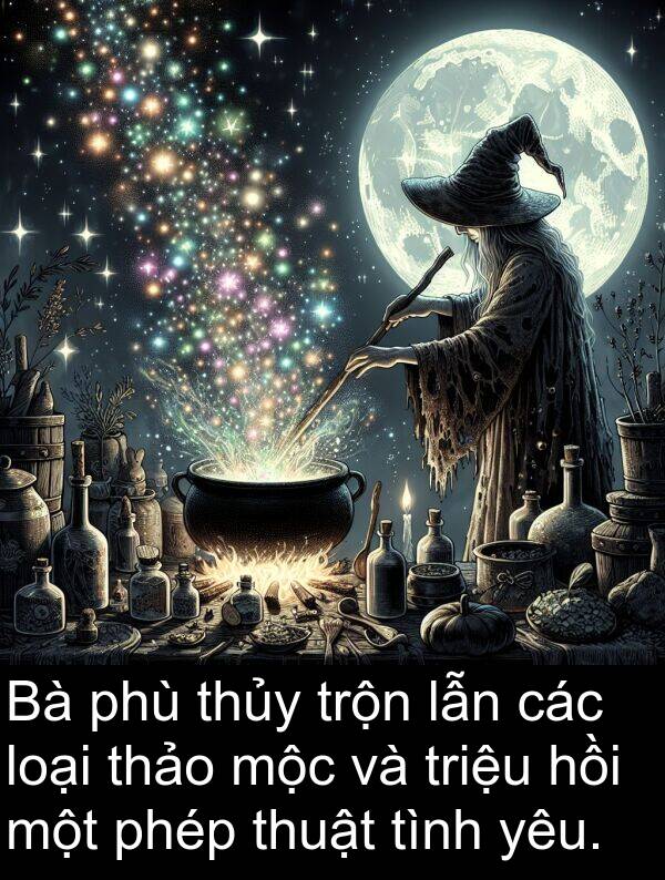 thảo: Bà phù thủy trộn lẫn các loại thảo mộc và triệu hồi một phép thuật tình yêu.