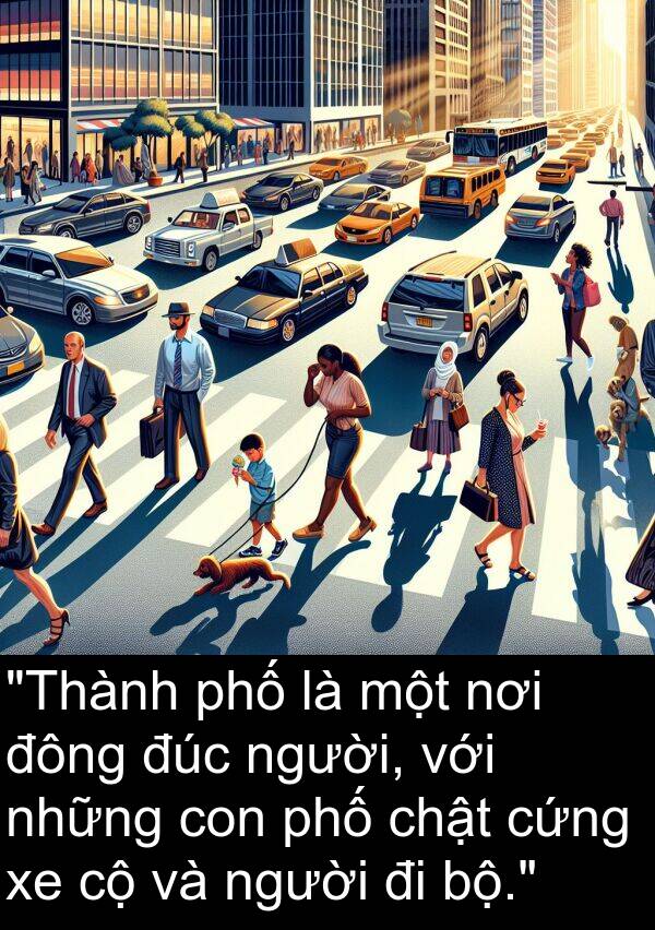 đông: "Thành phố là một nơi đông đúc người, với những con phố chật cứng xe cộ và người đi bộ."