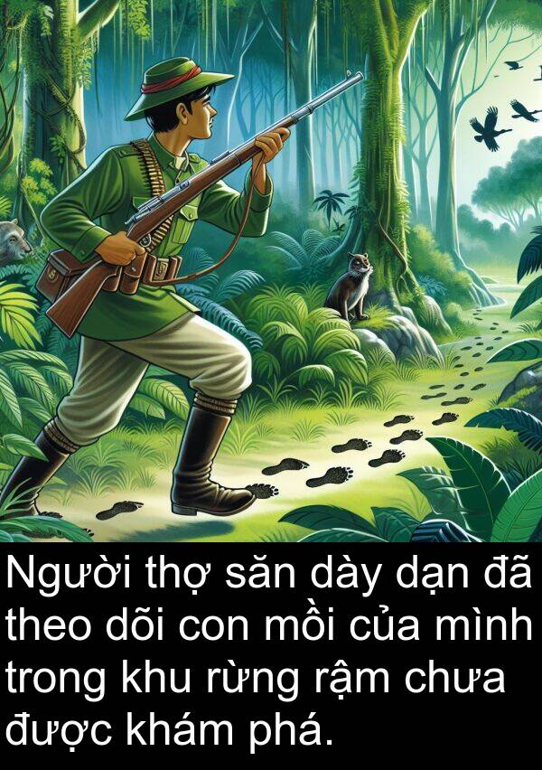 mồi: Người thợ săn dày dạn đã theo dõi con mồi của mình trong khu rừng rậm chưa được khám phá.