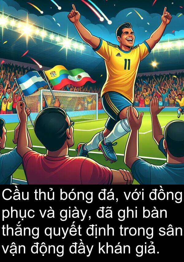 đá: Cầu thủ bóng đá, với đồng phục và giày, đã ghi bàn thắng quyết định trong sân vận động đầy khán giả.