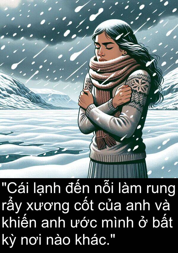 rung: "Cái lạnh đến nỗi làm rung rẩy xương cốt của anh và khiến anh ước mình ở bất kỳ nơi nào khác."
