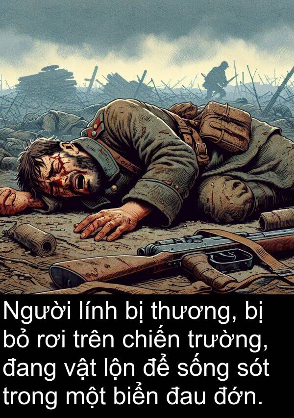 đớn: Người lính bị thương, bị bỏ rơi trên chiến trường, đang vật lộn để sống sót trong một biển đau đớn.