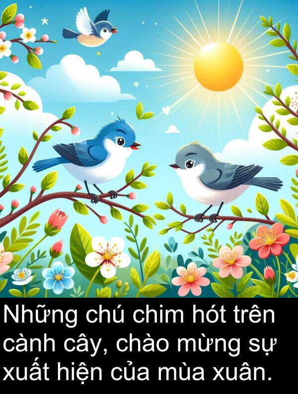 chào: Những chú chim hót trên cành cây, chào mừng sự xuất hiện của mùa xuân.
