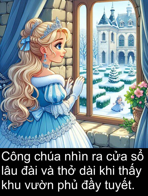 đài: Công chúa nhìn ra cửa sổ lâu đài và thở dài khi thấy khu vườn phủ đầy tuyết.