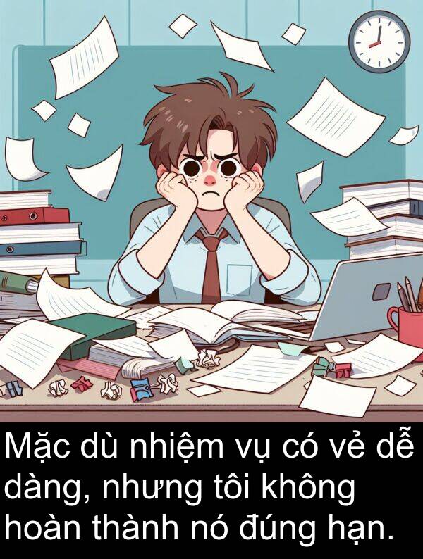 đúng: Mặc dù nhiệm vụ có vẻ dễ dàng, nhưng tôi không hoàn thành nó đúng hạn.