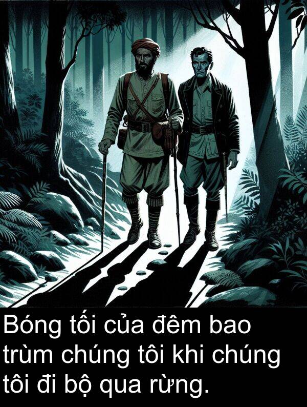 đêm: Bóng tối của đêm bao trùm chúng tôi khi chúng tôi đi bộ qua rừng.