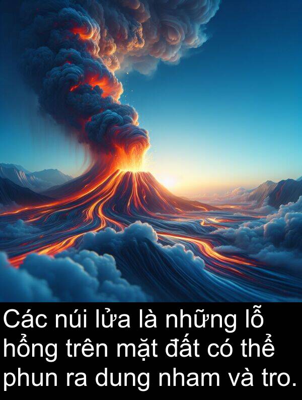 lửa: Các núi lửa là những lỗ hổng trên mặt đất có thể phun ra dung nham và tro.