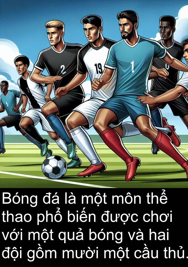 thao: Bóng đá là một môn thể thao phổ biến được chơi với một quả bóng và hai đội gồm mười một cầu thủ.