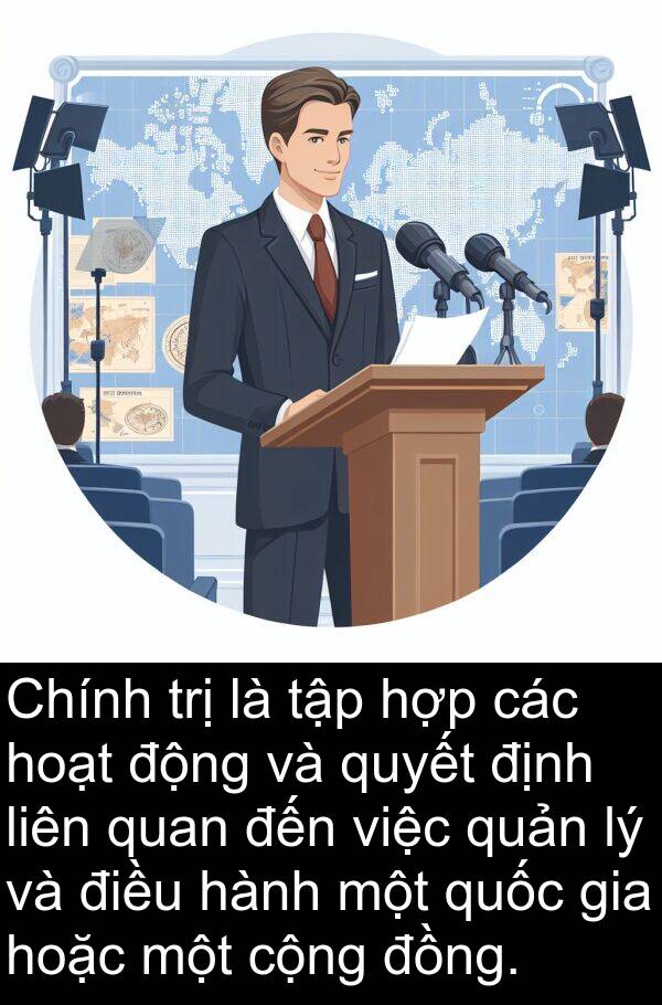 quản: Chính trị là tập hợp các hoạt động và quyết định liên quan đến việc quản lý và điều hành một quốc gia hoặc một cộng đồng.