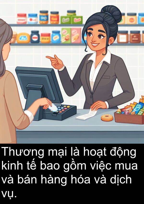 mại: Thương mại là hoạt động kinh tế bao gồm việc mua và bán hàng hóa và dịch vụ.