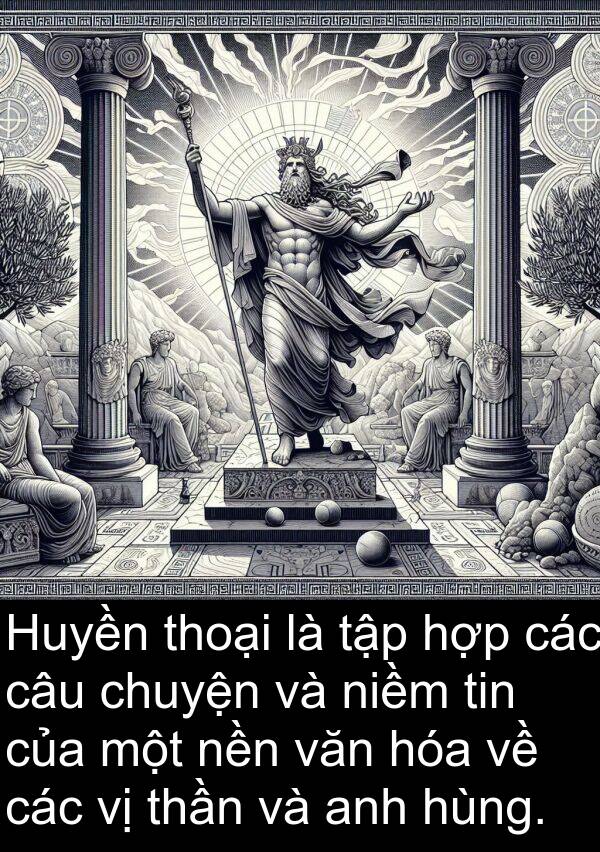 niềm: Huyền thoại là tập hợp các câu chuyện và niềm tin của một nền văn hóa về các vị thần và anh hùng.