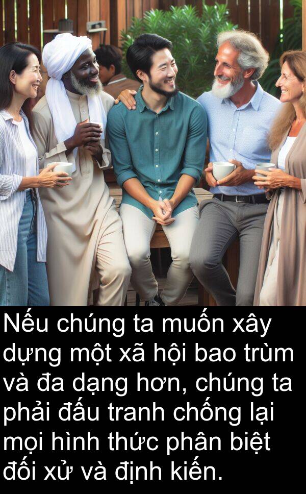 chống: Nếu chúng ta muốn xây dựng một xã hội bao trùm và đa dạng hơn, chúng ta phải đấu tranh chống lại mọi hình thức phân biệt đối xử và định kiến.
