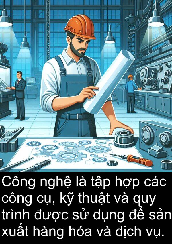 cụ: Công nghệ là tập hợp các công cụ, kỹ thuật và quy trình được sử dụng để sản xuất hàng hóa và dịch vụ.