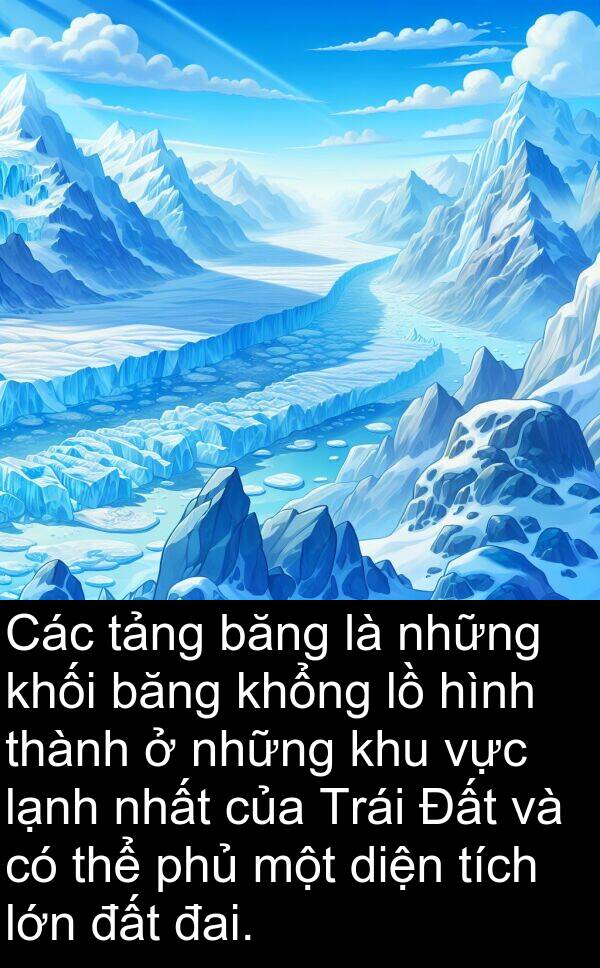 đai: Các tảng băng là những khối băng khổng lồ hình thành ở những khu vực lạnh nhất của Trái Đất và có thể phủ một diện tích lớn đất đai.