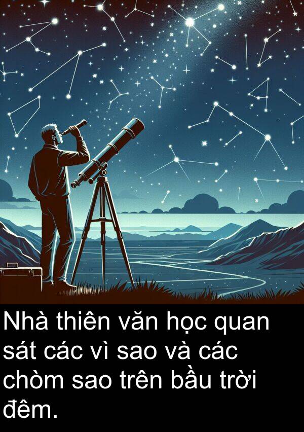 chòm: Nhà thiên văn học quan sát các vì sao và các chòm sao trên bầu trời đêm.