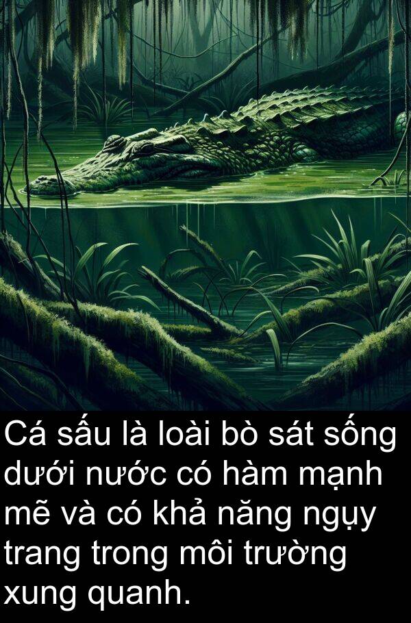 ngụy: Cá sấu là loài bò sát sống dưới nước có hàm mạnh mẽ và có khả năng ngụy trang trong môi trường xung quanh.