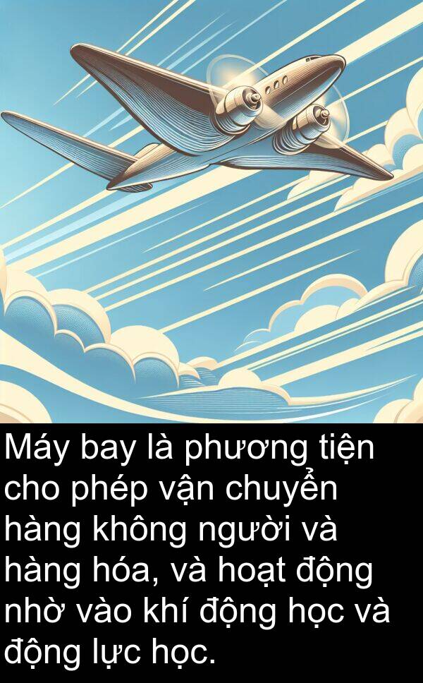 nhờ: Máy bay là phương tiện cho phép vận chuyển hàng không người và hàng hóa, và hoạt động nhờ vào khí động học và động lực học.