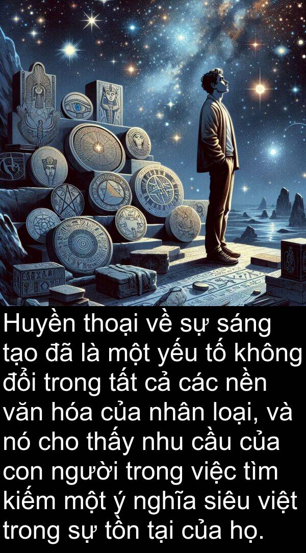 thoại: Huyền thoại về sự sáng tạo đã là một yếu tố không đổi trong tất cả các nền văn hóa của nhân loại, và nó cho thấy nhu cầu của con người trong việc tìm kiếm một ý nghĩa siêu việt trong sự tồn tại của họ.