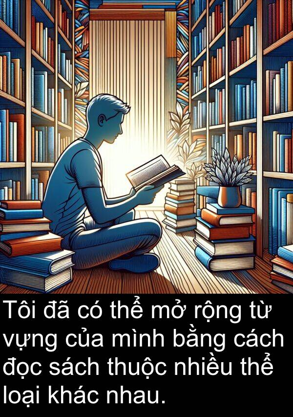 đọc: Tôi đã có thể mở rộng từ vựng của mình bằng cách đọc sách thuộc nhiều thể loại khác nhau.