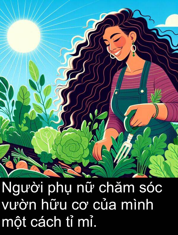 mỉ: Người phụ nữ chăm sóc vườn hữu cơ của mình một cách tỉ mỉ.